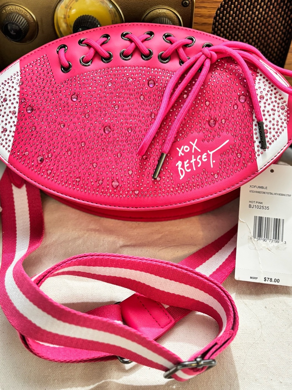 Betsey Johnson Hot Pink Rhinestone Lace-Up Football Crossbody